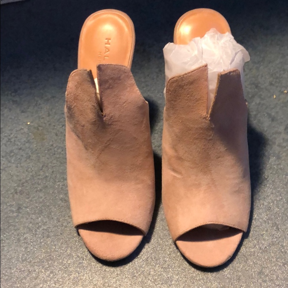 Halston heritage light pink suede open toe mules